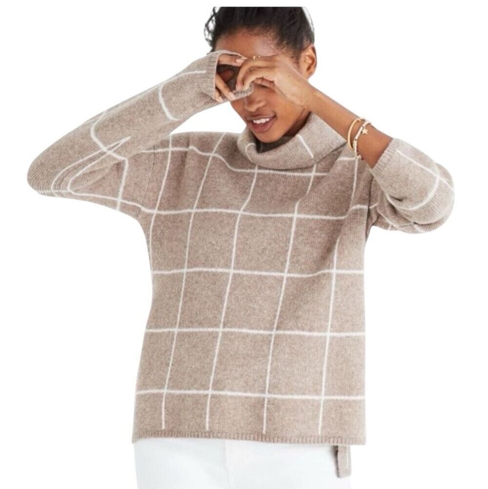 Madewell Windowpane Beige Check Turtleneck Sweater Women's M Pullover